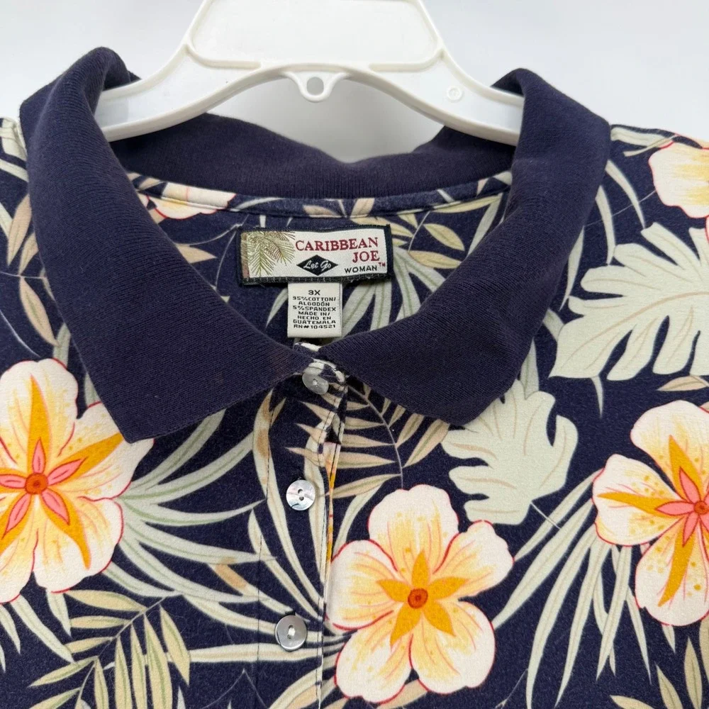 Caribbean Joe Polo Shirt Women 3X Navy Blue Tropical Floral Cotton Resort Casual - Picture 3 of 7